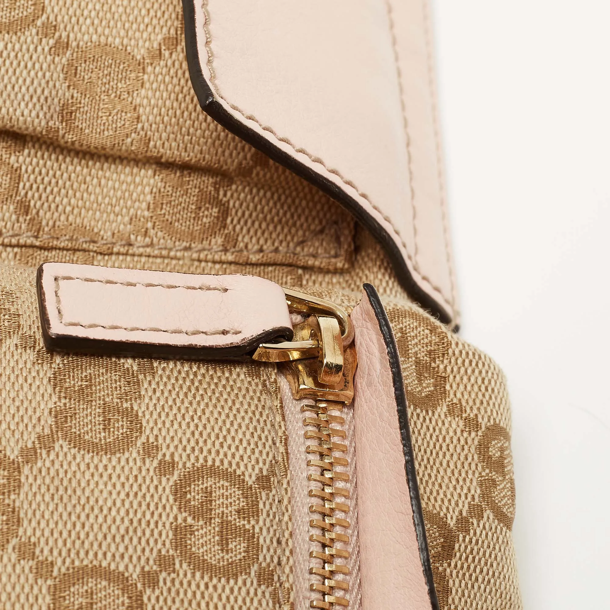 Gucci Beige/pink Gg Canvas And Leather Double Pocket Belt Bag