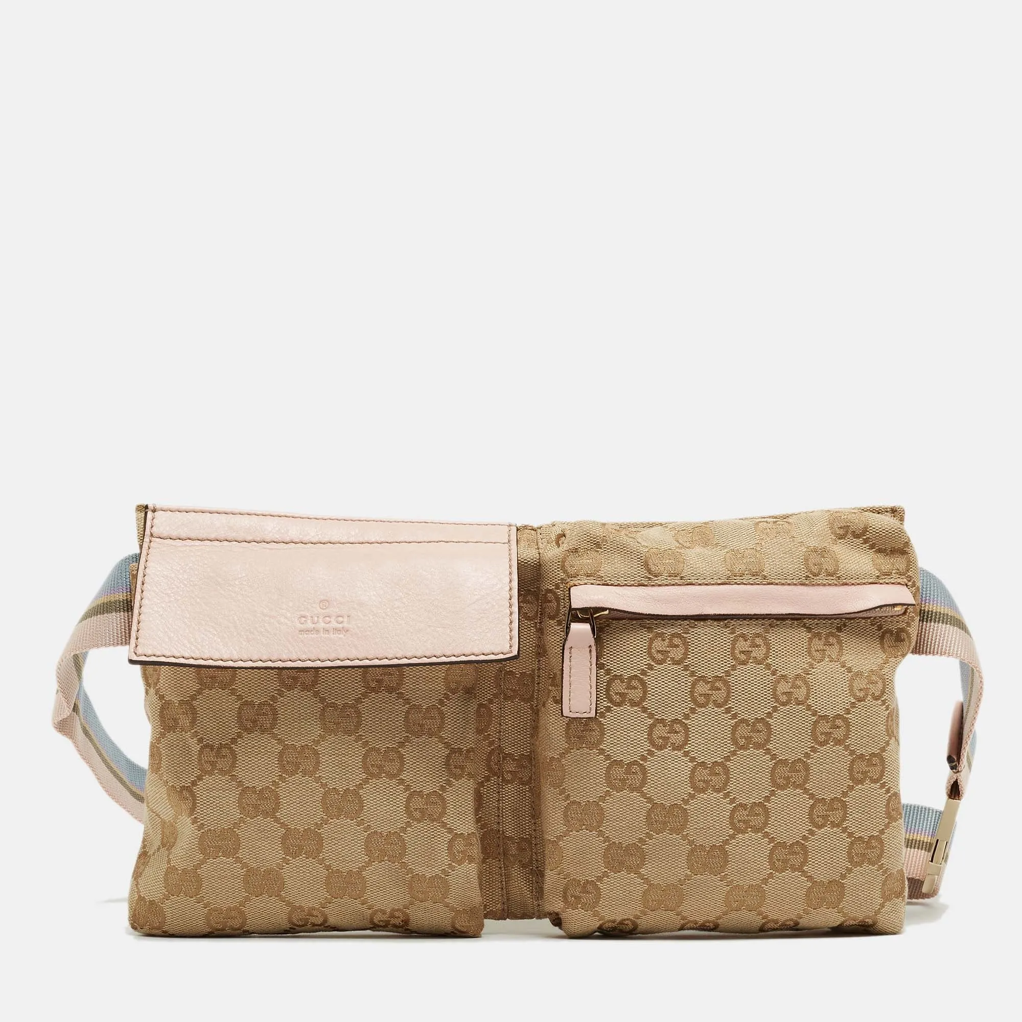 Gucci Beige/pink Gg Canvas And Leather Double Pocket Belt Bag