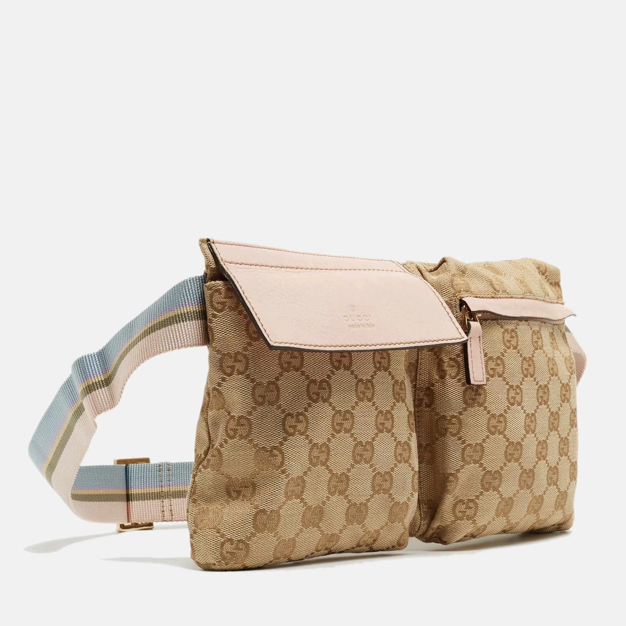 Gucci Beige/pink Gg Canvas And Leather Double Pocket Belt Bag