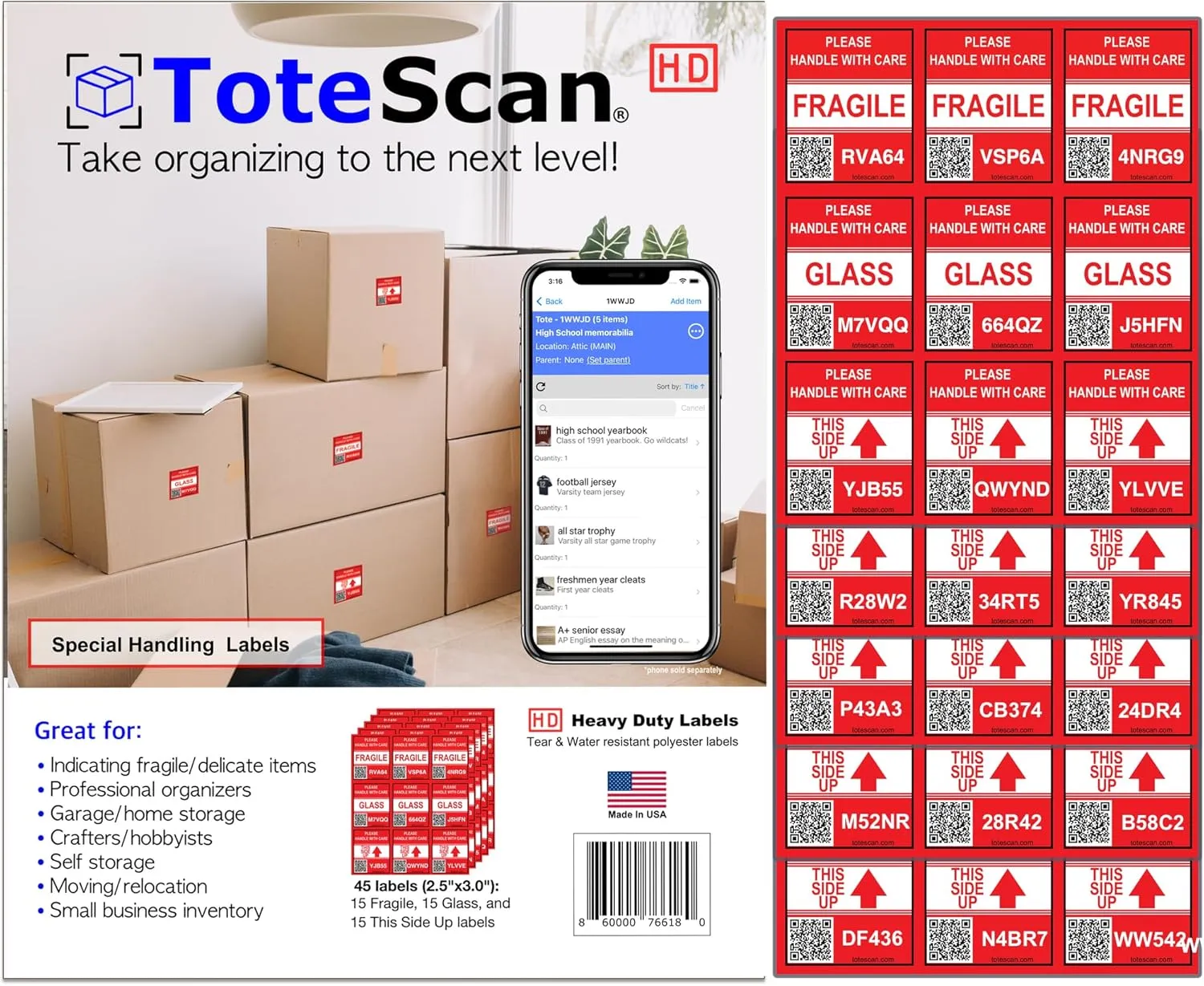 HD (Heavy Duty) - Intelligent QR Labels for Special Handling; Fragile Glass This Side Up (45 Unique Labels, 2.5"x3")