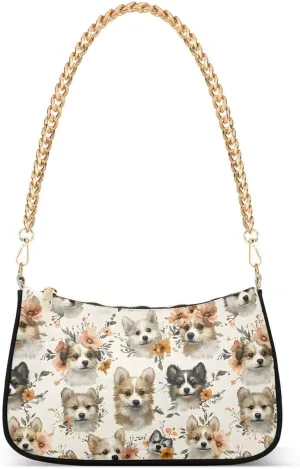 Hipster Puppy Dog Blossom Tote Bag Shoulder Bag Hobo Handbag for Women Ladies Mini Clutch Purse with Zipper Closure