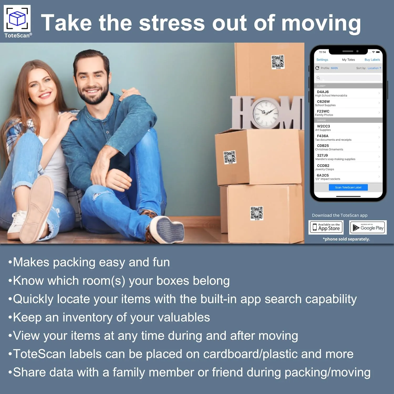 Intelligent QR Labels for Organization/Moving/Storage (48 Unique Labels, 1.5"x1.5")