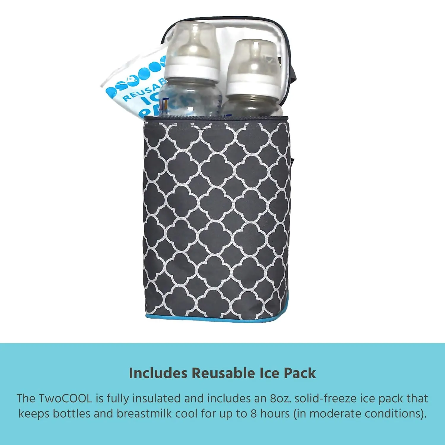 J.L. Childress TwoCOOL Breastmilk Cooler - Double Baby Bottle & Food Bag - Ice Pack Included - Fits 2-4 Bottles - Insulated & Leak Proof Bottle Bag - Breastmilk Cooler Bag for Travel - Grey/TealClover