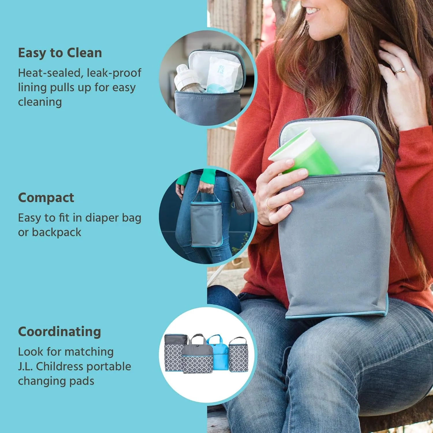 J.L. Childress TwoCOOL Breastmilk Cooler - Double Baby Bottle & Food Bag - Ice Pack Included - Fits 2-4 Bottles - Insulated & Leak Proof Bottle Bag - Breastmilk Cooler Bag for Travel - Grey/TealClover