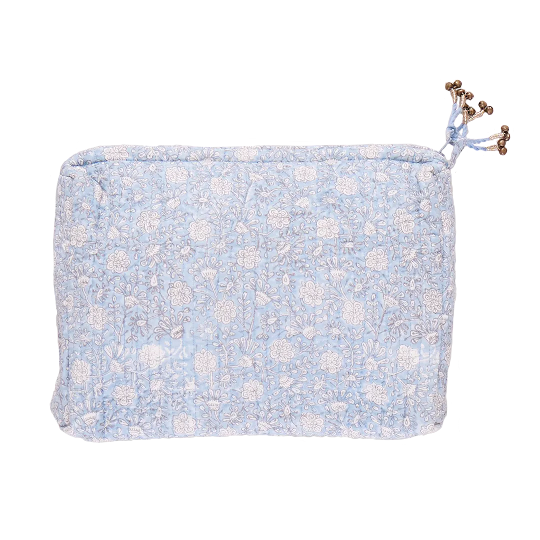 Large Quilted Pouch - Light Blue Garden