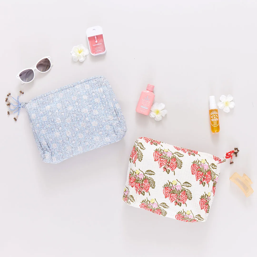 Large Quilted Pouch - Light Blue Garden