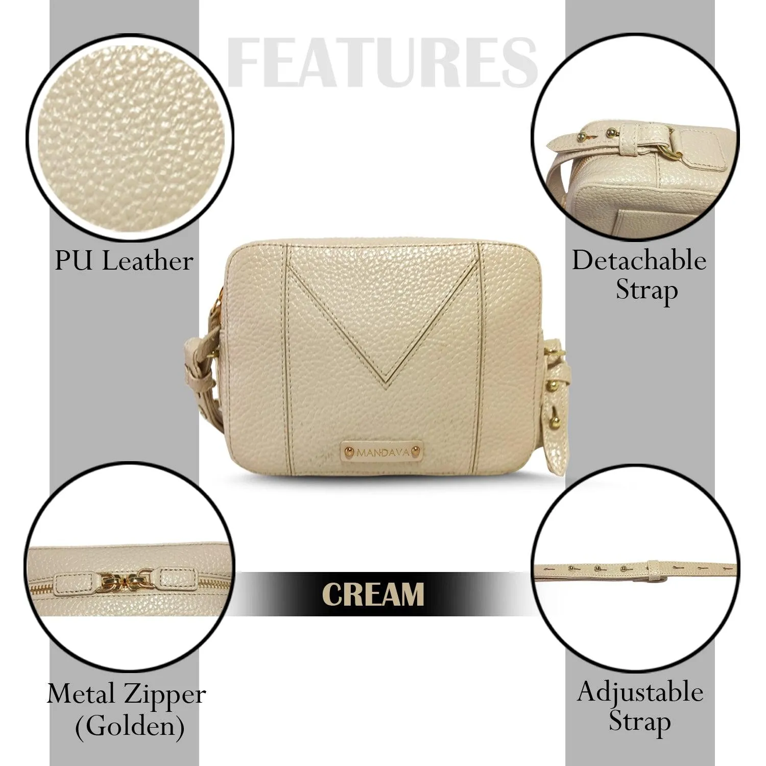 MANDAVA Women's PU Leather Crossbody Bag | Ladies Mini Shoulder Bag with Adjustable & Detachable Strap (Cream)