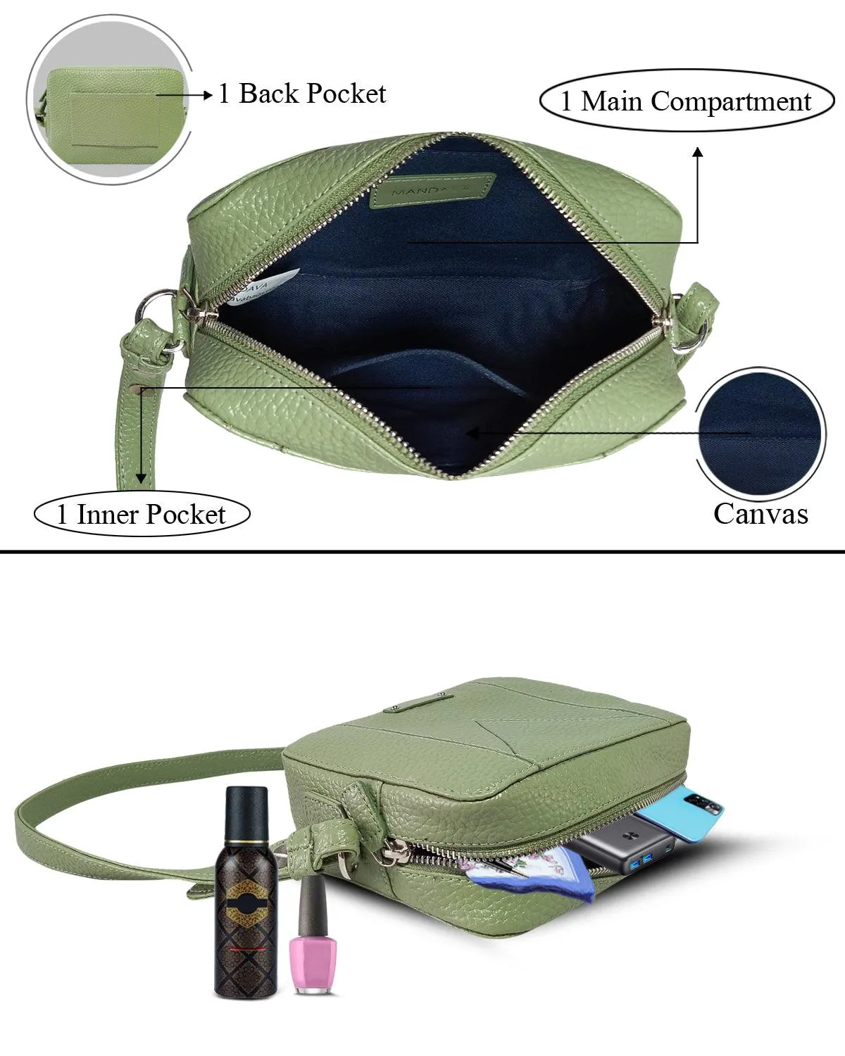 MANDAVA Women's PU Leather Crossbody Bag | Ladies Mini Shoulder Bag with Adjustable & Detachable Strap (Terrain Green)