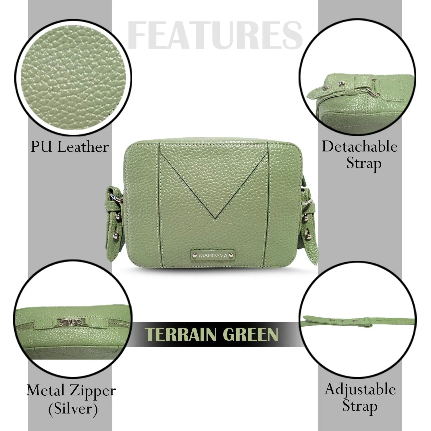 MANDAVA Women's PU Leather Crossbody Bag | Ladies Mini Shoulder Bag with Adjustable & Detachable Strap (Terrain Green)