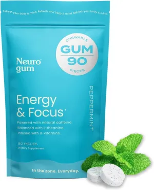 NeuroGum Energy Caffeine Gum (90 Pieces) - Sugar Free with L-theanine   Natural Caffeine   Vitamin B12 & B6 - Nootropic Energy & Focus Supplement for Women & Men - Keto & Vegan, Peppermint Flavor