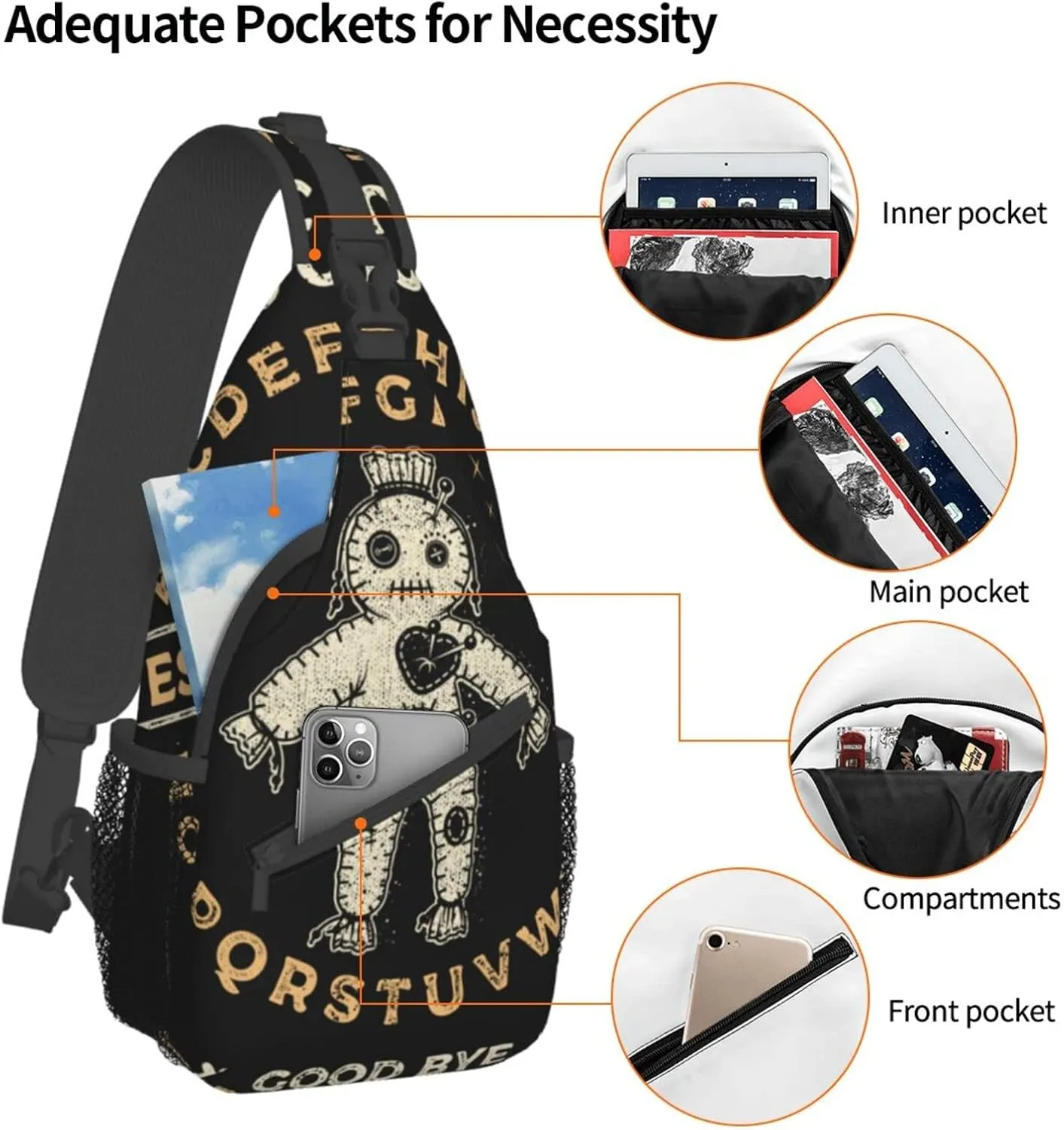 Ouija Board with Voodoo Doll Occultism Set Sling Backpack Crossbody Sling Bag Casual Chest Bags Travel Hiking Daypack Shoulder Bag for Women Men