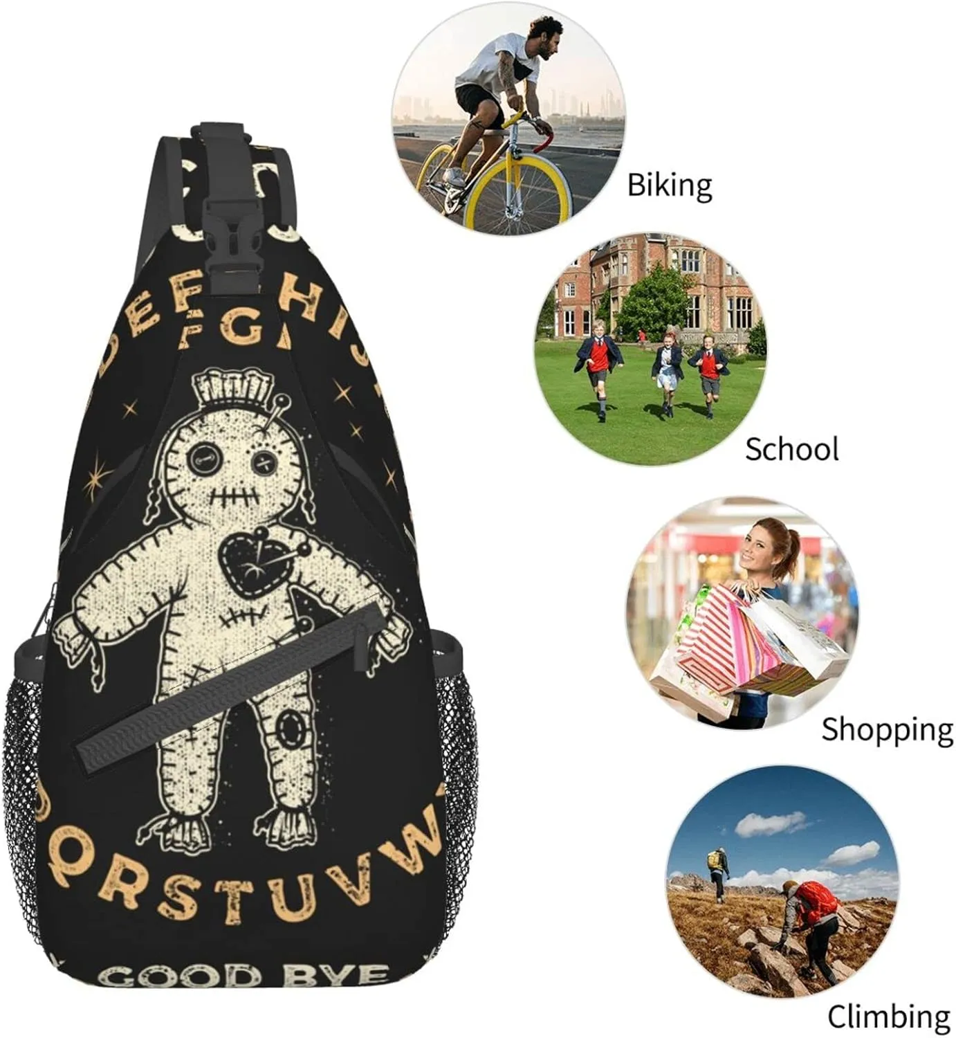 Ouija Board with Voodoo Doll Occultism Set Sling Backpack Crossbody Sling Bag Casual Chest Bags Travel Hiking Daypack Shoulder Bag for Women Men