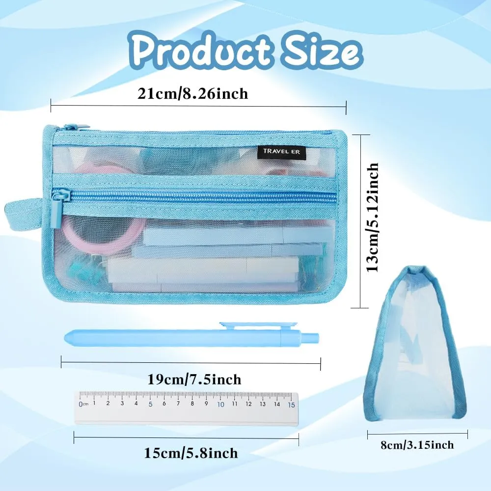Pencil Case, Grid Mesh Pencil Pouch, Large Capacity Blue Pencil Bag, Clear Pencil Case with Handle and Zipper, 2-Layer Pen Case Aestheic Stationary Organizer Bag for Office Back to School Supplies