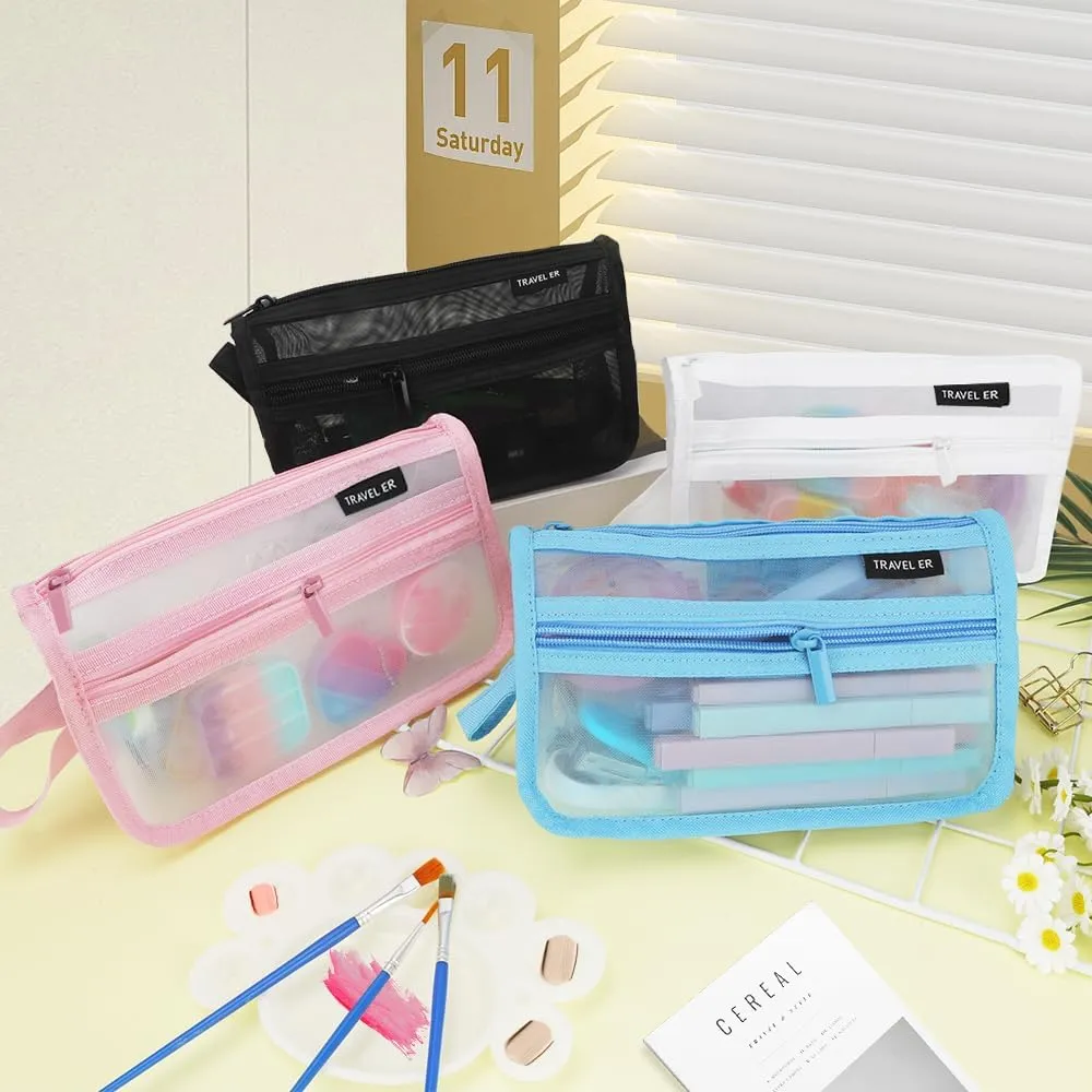 Pencil Case, Grid Mesh Pencil Pouch, Large Capacity Blue Pencil Bag, Clear Pencil Case with Handle and Zipper, 2-Layer Pen Case Aestheic Stationary Organizer Bag for Office Back to School Supplies