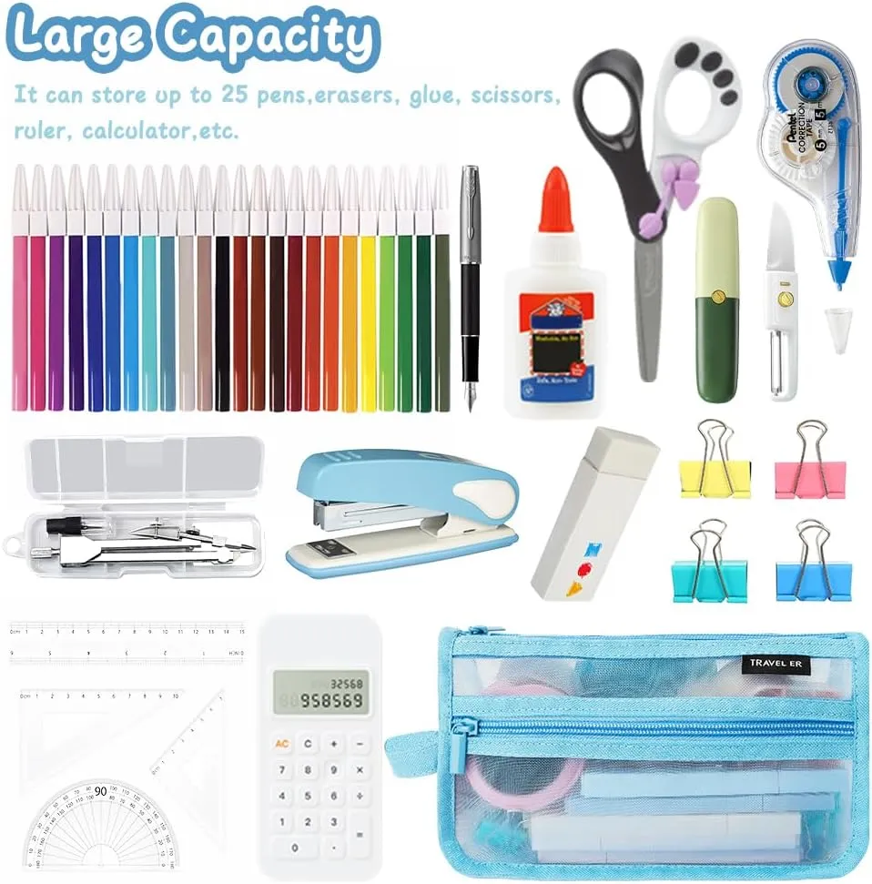 Pencil Case, Grid Mesh Pencil Pouch, Large Capacity Blue Pencil Bag, Clear Pencil Case with Handle and Zipper, 2-Layer Pen Case Aestheic Stationary Organizer Bag for Office Back to School Supplies