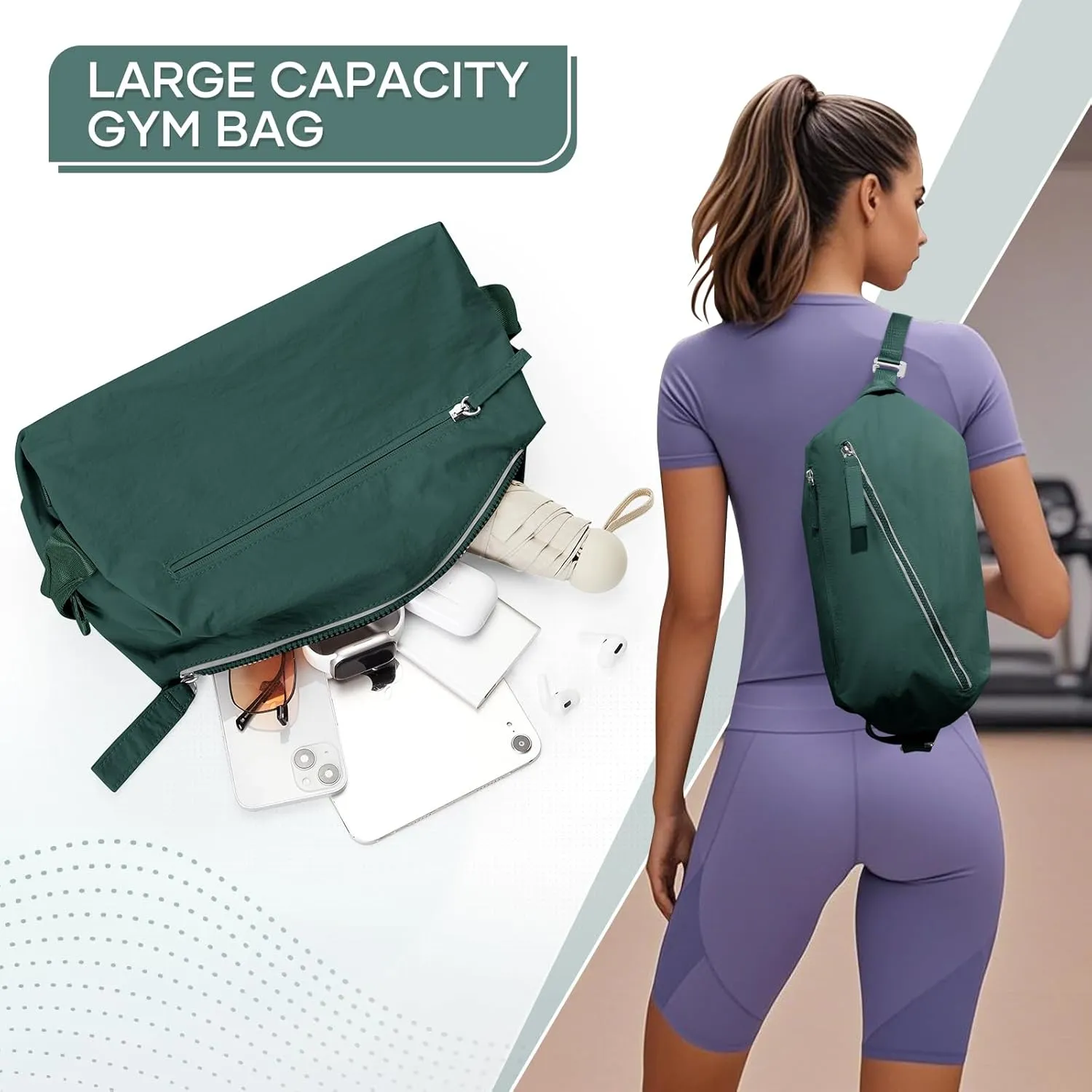 Small Gym Bag for Women, Mini Travel Duffle Bag with Two Ways to Carry, Waterproof Lightweight Backpacks Carry On Tote Bag for Sport, Workout, Swimming, Blackish Green