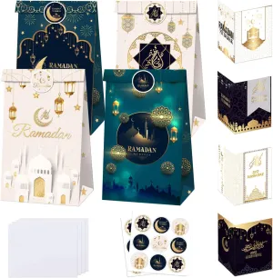 sorkwo 36 Pcs Eid Mubarak Gift Bags Set Ramadan Mubarak Bags Eid Mubarak Party Paper Bags Moon Lantern Gift Bags with 27 Stickers for Ramadan Mubarak Party Supplies