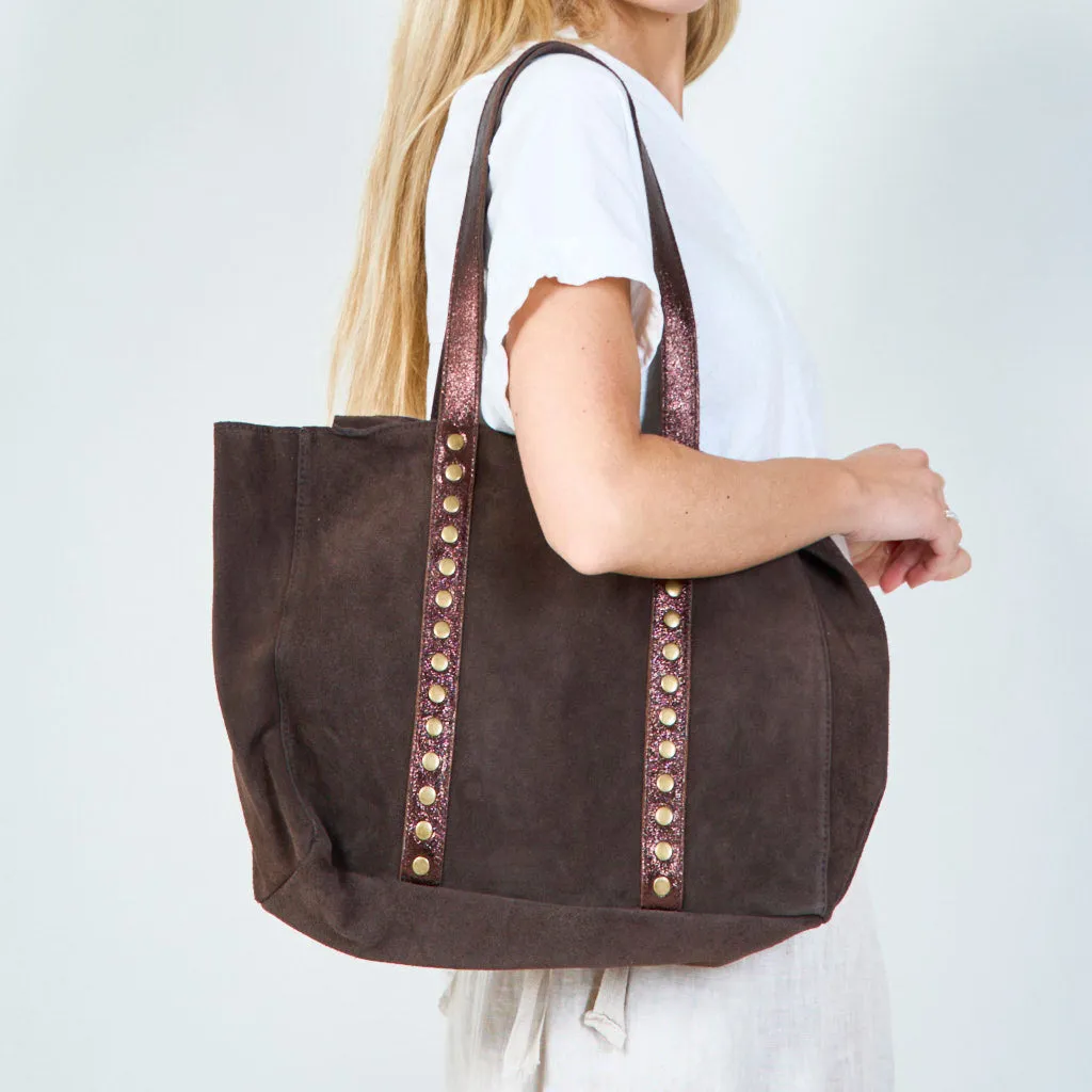 Stylish suede tote bag with metallic accents wholesale