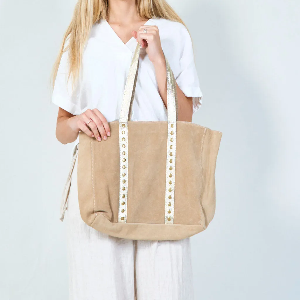 Stylish suede tote bag with metallic accents wholesale