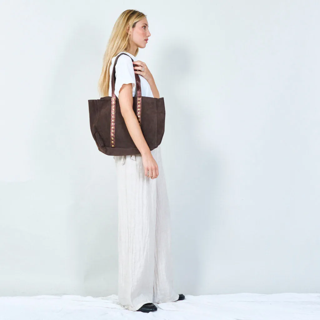 Stylish suede tote bag with metallic accents wholesale