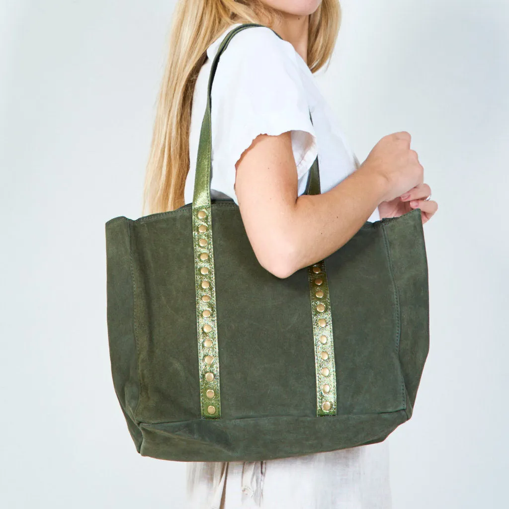 Stylish suede tote bag with metallic accents wholesale