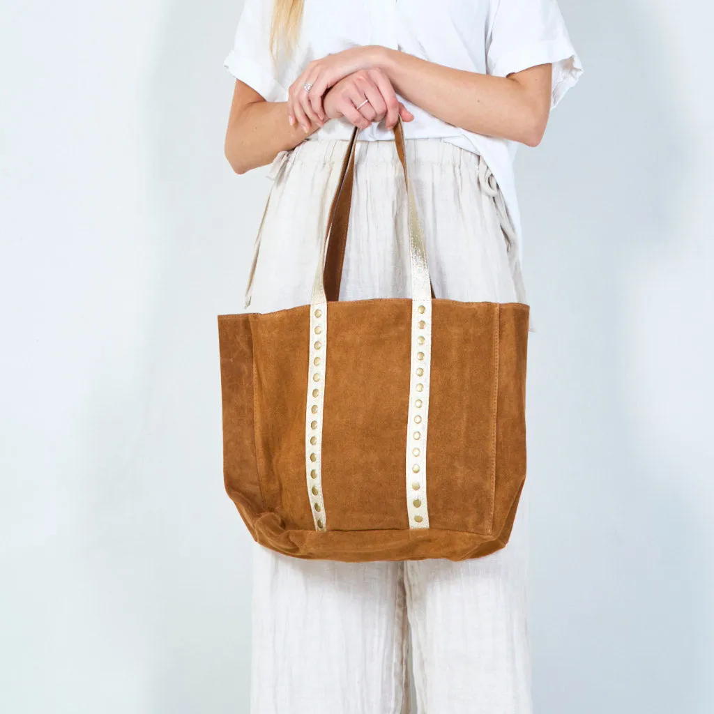 Stylish suede tote bag with metallic accents wholesale