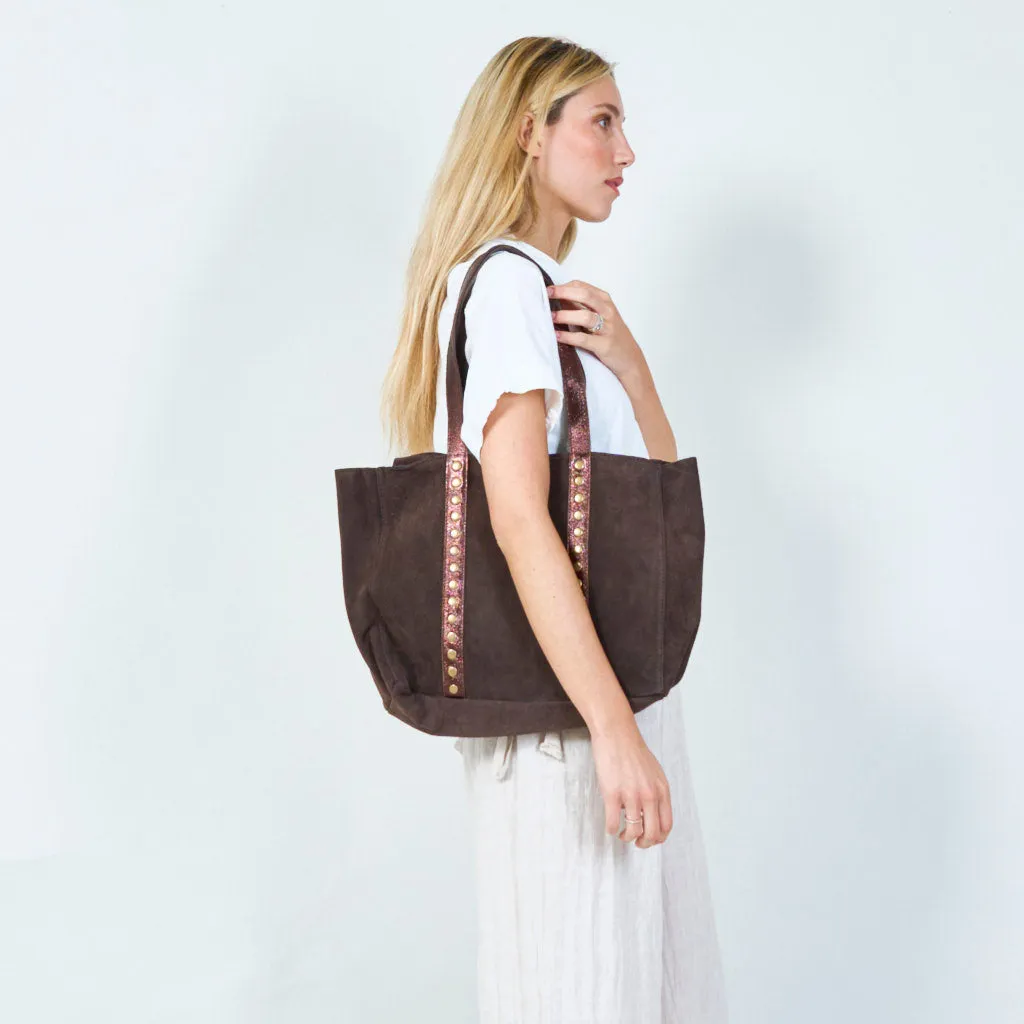 Stylish suede tote bag with metallic accents wholesale