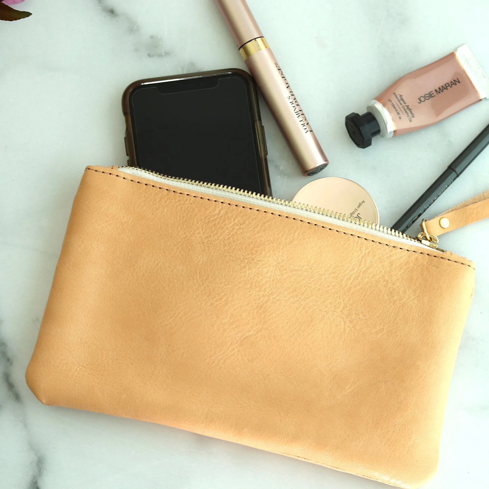 Summer Seconds Sale - Personalized Leather Zip Clutch - Honey Brown Pull Up