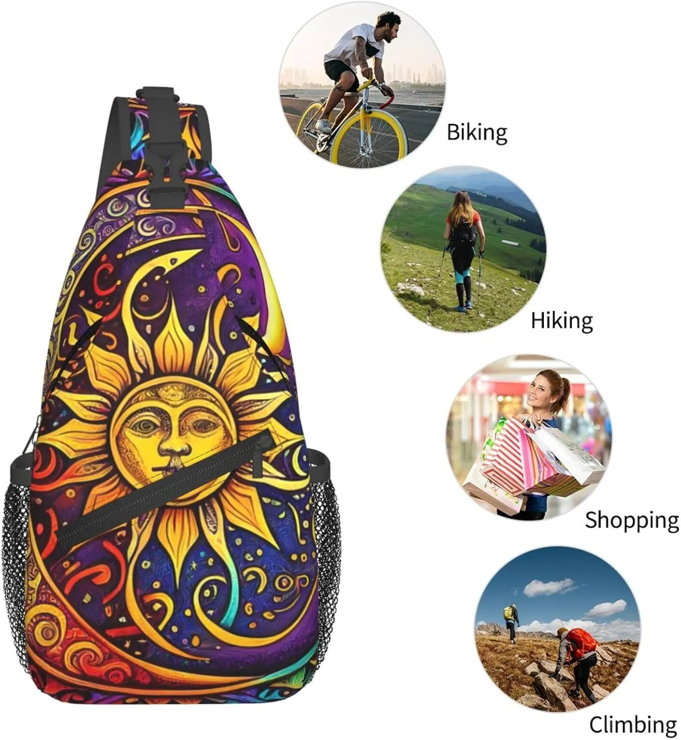 Sun With Moon Crossbody Chest Bags for Women, Small Crossbody Shoulder Bag Sling Bag Travel Hiking Daypack