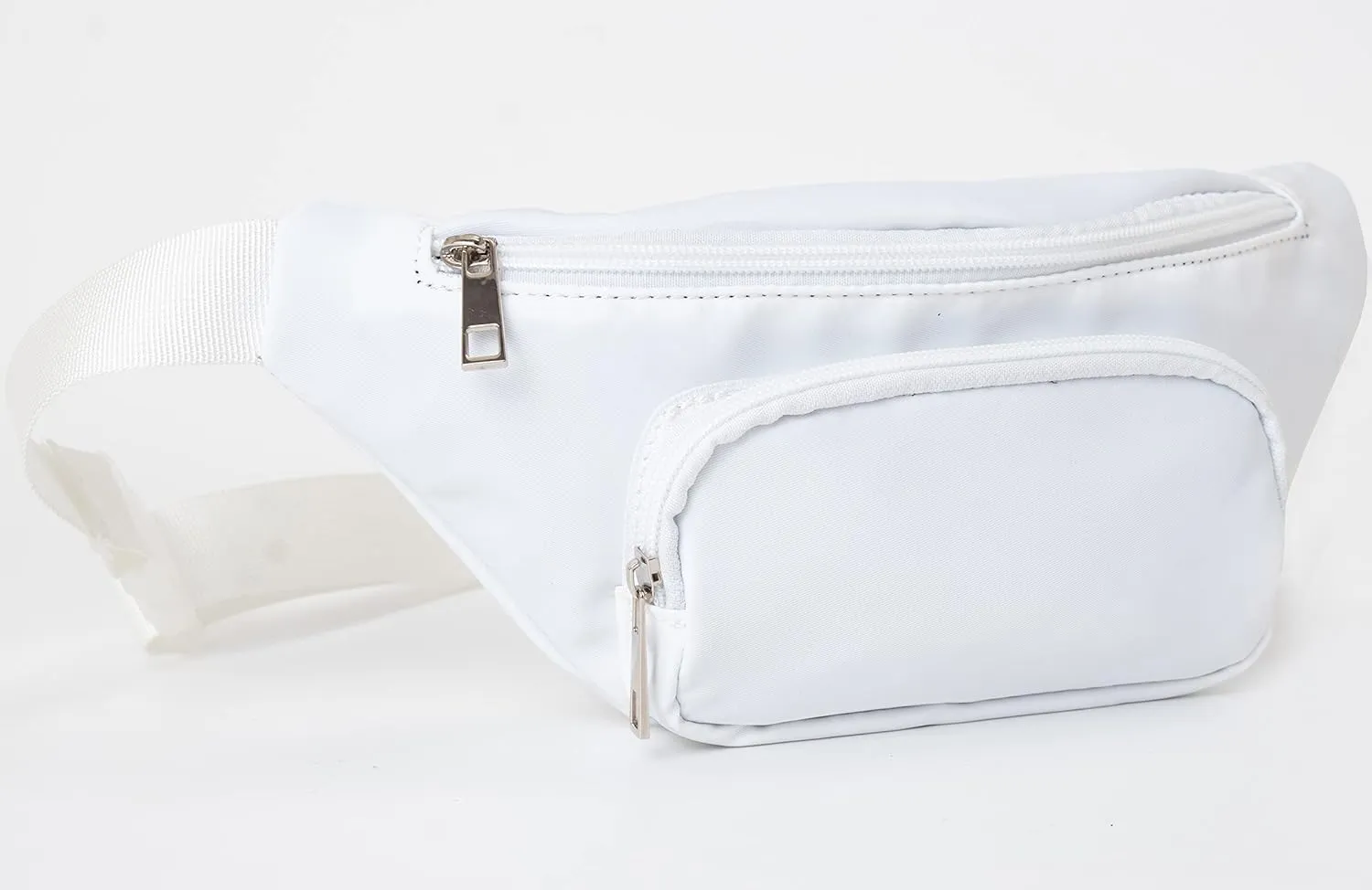 Three Pockets White Fanny Pack Nylon Lightweight Handsfree Hiking Running Travel Plus Size Belt Bag Waist Packs