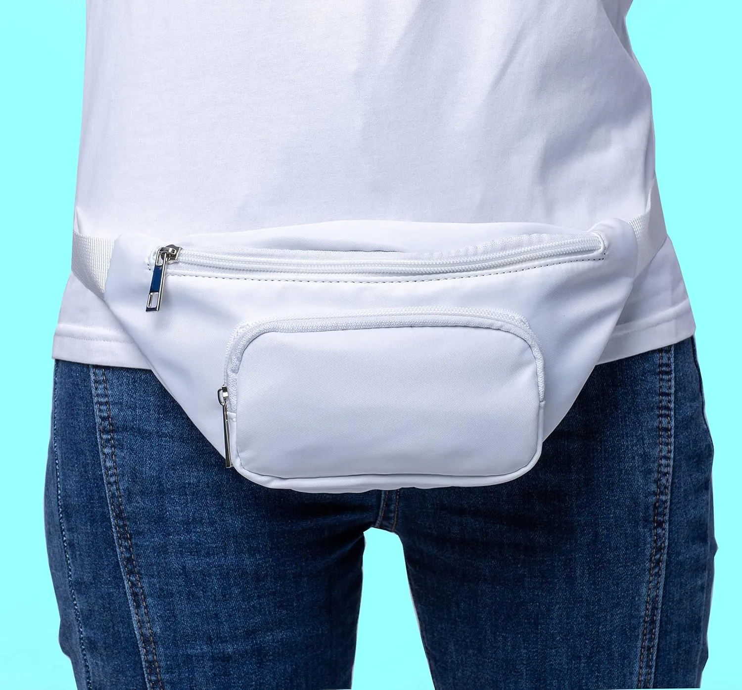 Three Pockets White Fanny Pack Nylon Lightweight Handsfree Hiking Running Travel Plus Size Belt Bag Waist Packs