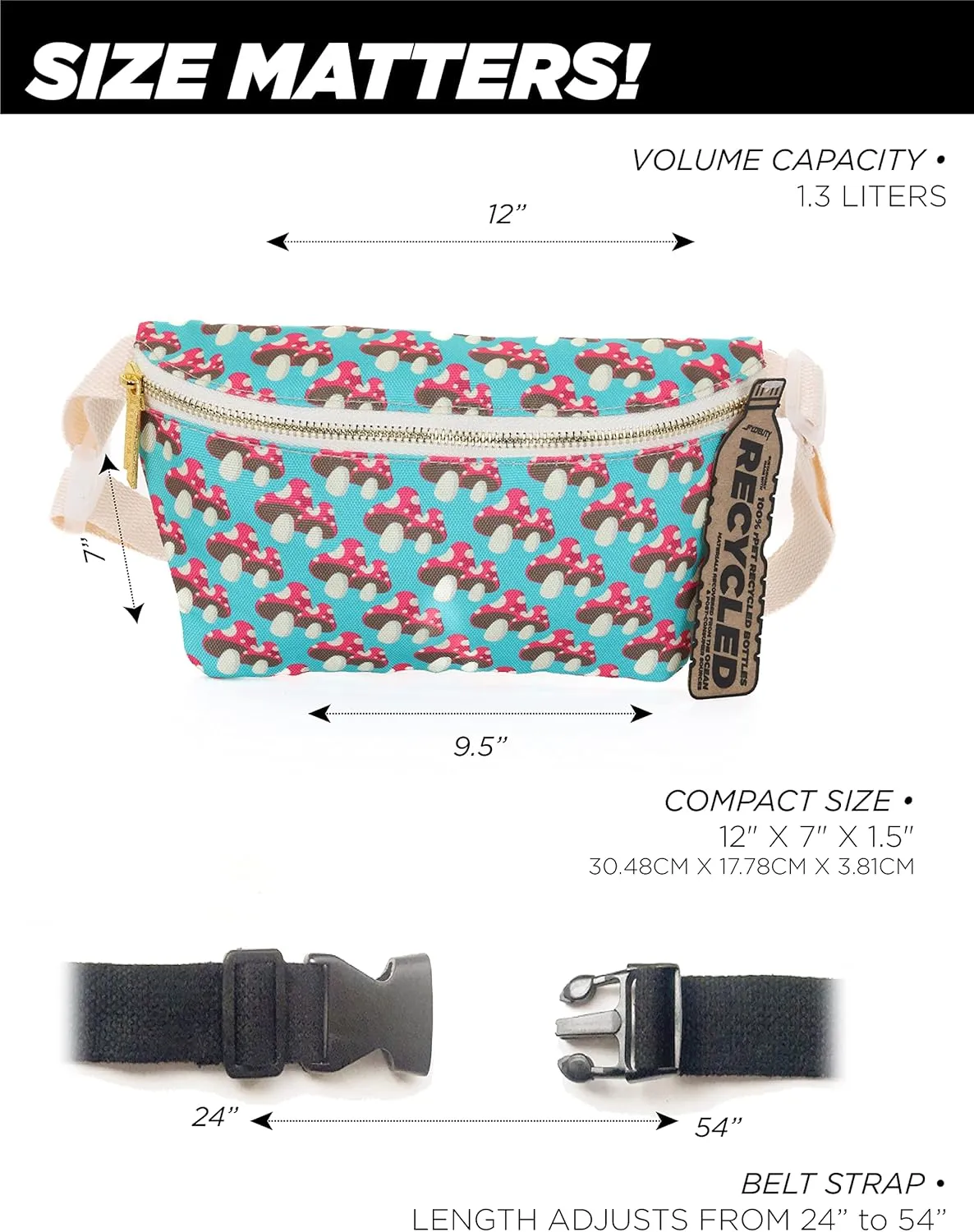 Ultra Slim Fanny Packs for Women  80s/90s Recycled RPET Bum Bag  Unisex Crossbody Waist Belt Bag for Travel, Festivals, Sports & Daily Use  Waist Belt Bag for Women | Mushroom Twins