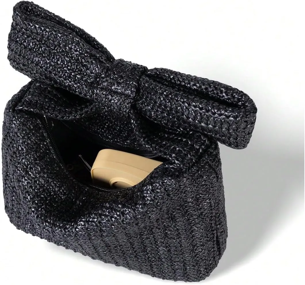Verdusa Women's Bow Wrist Handbags Woven Purse Top Handle Straw Clutches