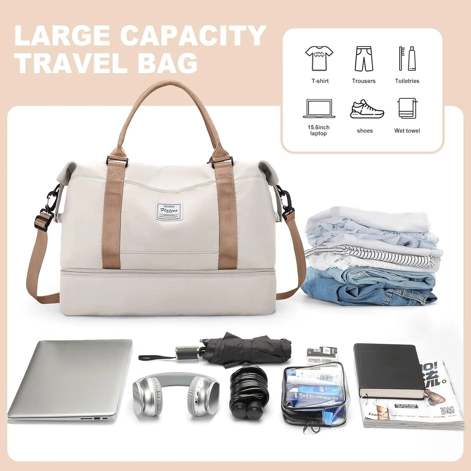 Weekender Bags for Women, Travel Duffel Bags with Shoe Compartment,Personal Item Travel Bag for Airlines, Carry on Overnight Tote Bag for women with Toiletry BagBeige&Brown