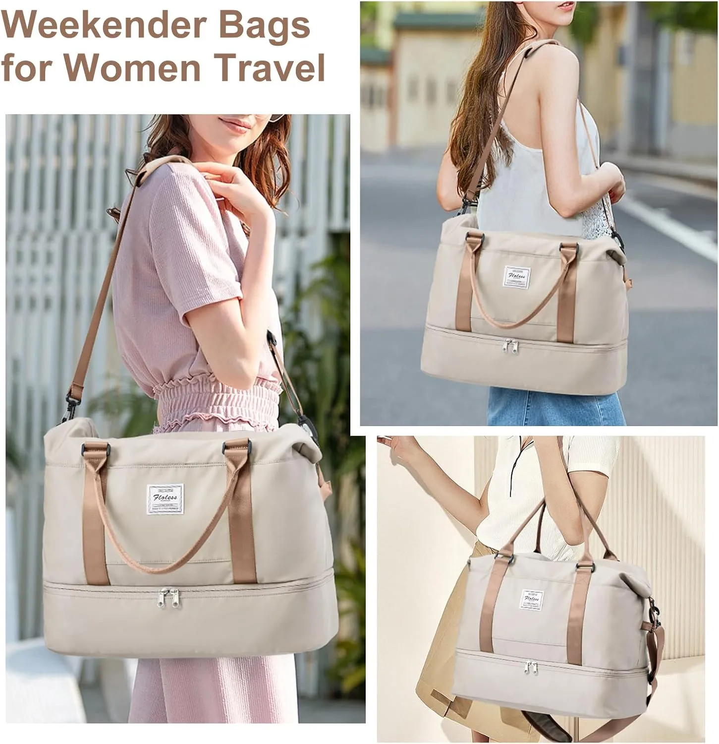 Weekender Bags for Women, Travel Duffel Bags with Shoe Compartment,Personal Item Travel Bag for Airlines, Carry on Overnight Tote Bag for women with Toiletry BagBeige&Brown