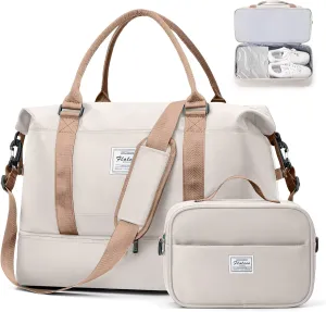 Weekender Bags for Women, Travel Duffel Bags with Shoe Compartment,Personal Item Travel Bag for Airlines, Carry on Overnight Tote Bag for women with Toiletry BagBeige&Brown