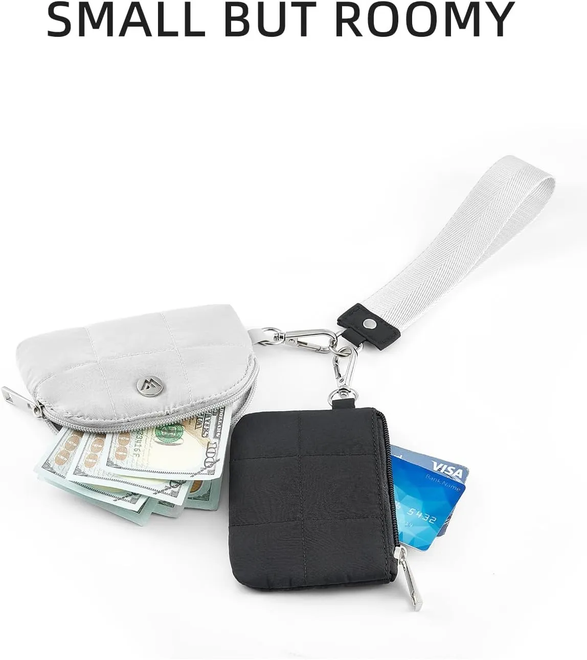WESTBRONCO Mini Keychain Wristlet Wallets for Women Portable Dual Pouch Wristlet Detachable Quilted Nylon Coin Purse Pocket for Travel Sports Outdoors