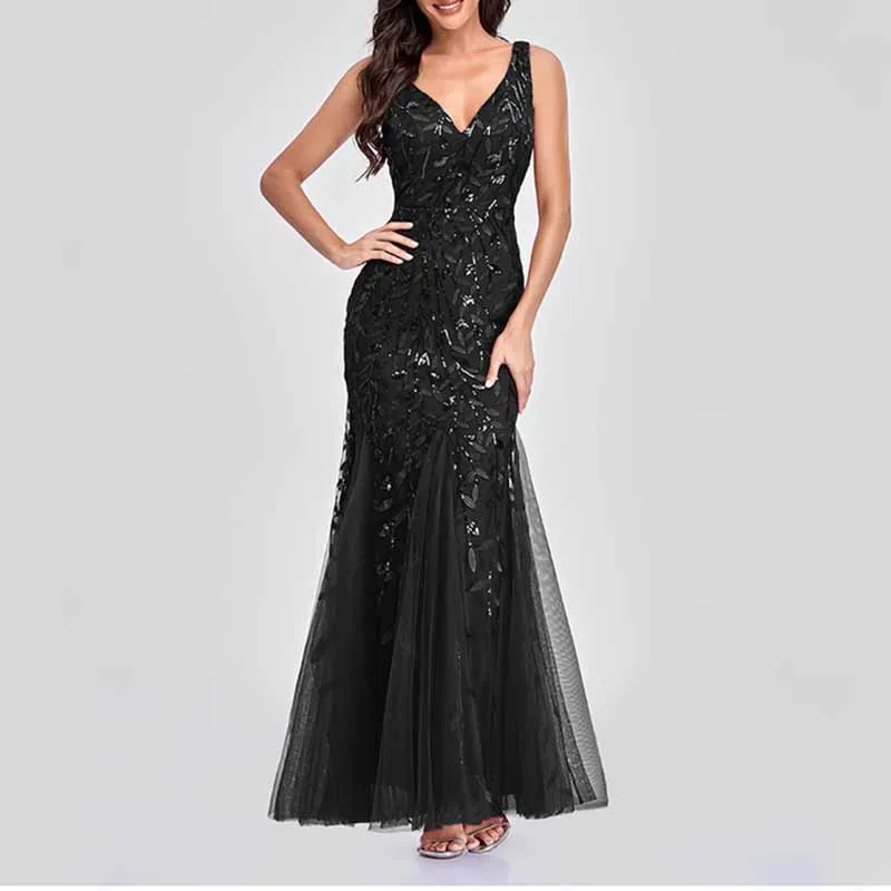 Women's Double V-Neck Sleeveless Mermaid Dress Evening Maxi Dress