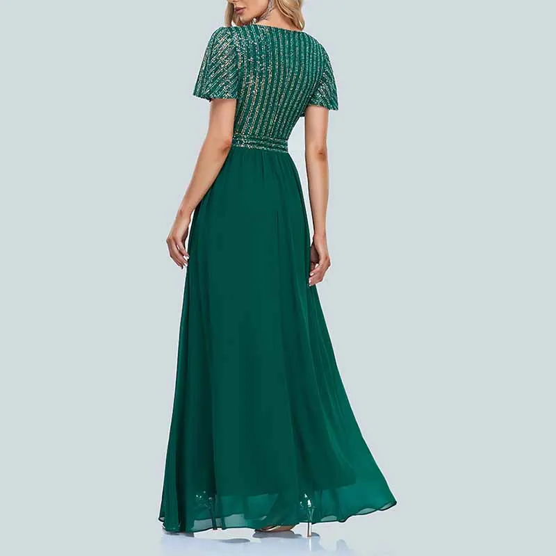 Women's V-Neck Short Sleeve Dark Green Party Evening Dress