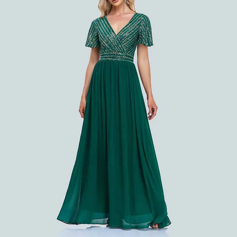 Women's V-Neck Short Sleeve Dark Green Party Evening Dress