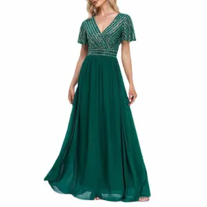 Women's V-Neck Short Sleeve Dark Green Party Evening Dress