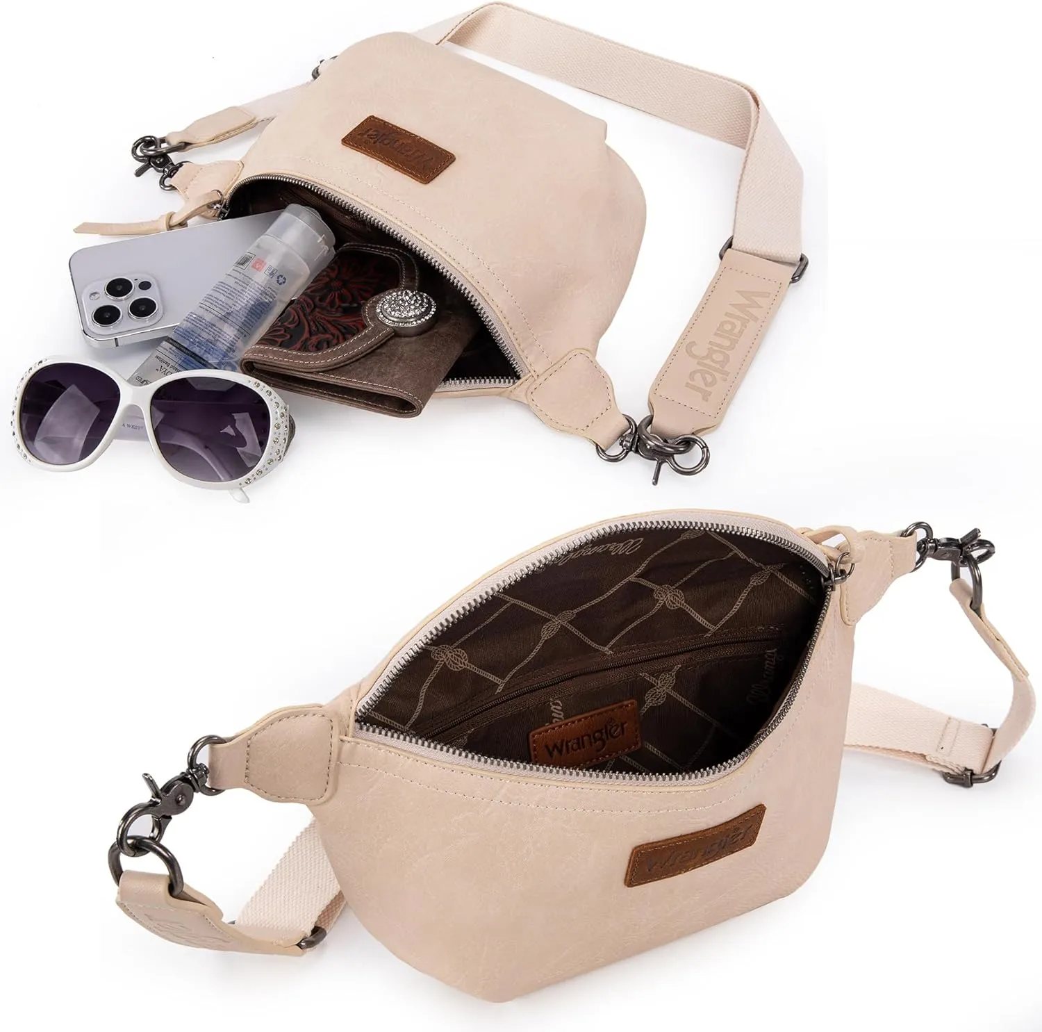 Wrangler Large Fanny Packs for Women Waist Bag Travel Belt Bags Crossbody Sling Purse Beige